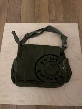Olive Green Canvas Messenger Bag with Character Print
